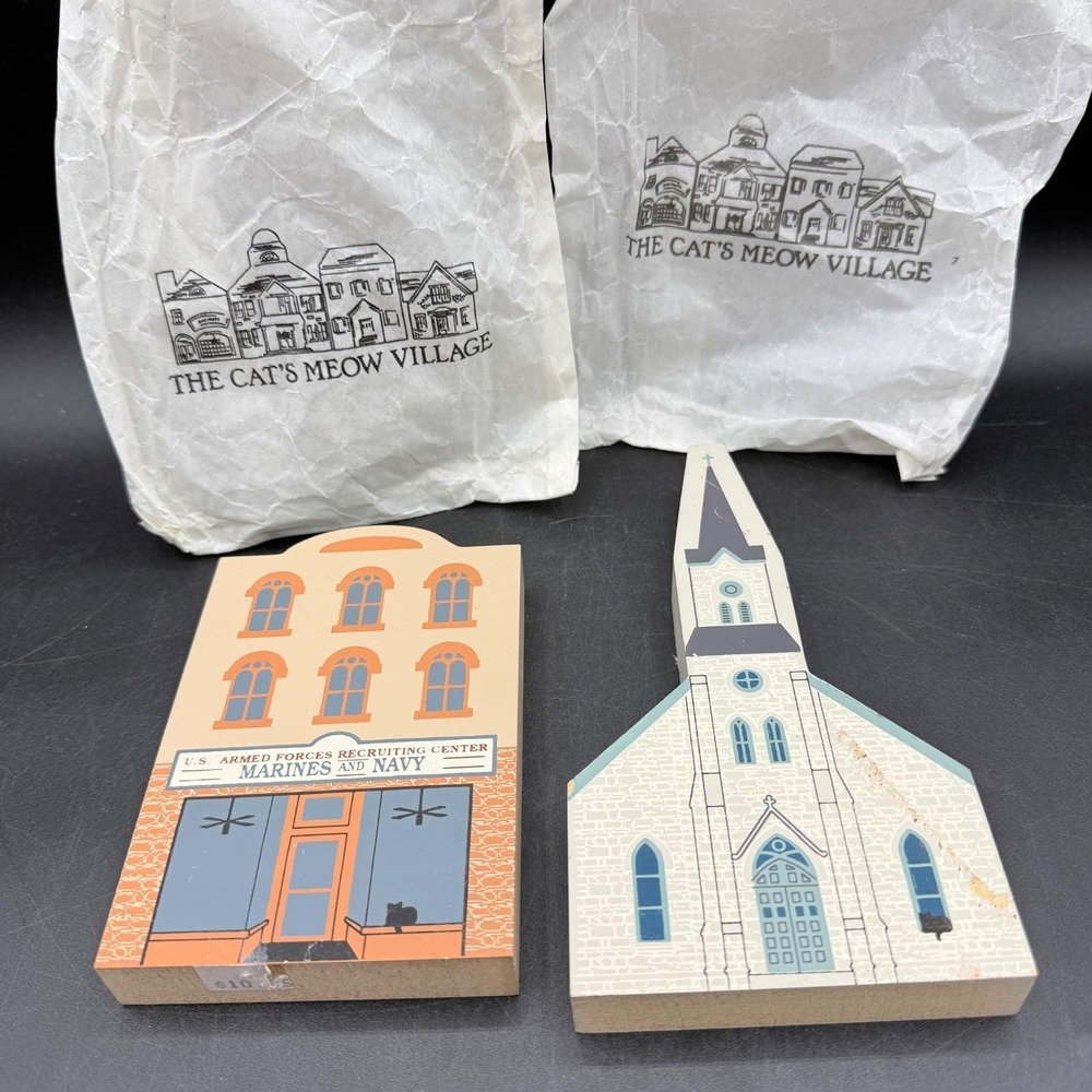 Vtg 1993 Cat's Meow Village Series XI Set 2 US Armed Forces Church Signed Faline